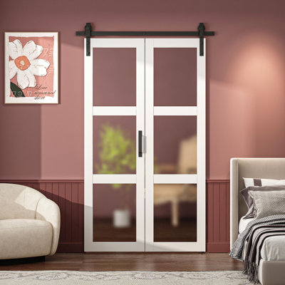 36'' X 84''H 3 Lite Tempered Frosted Glass Bi-Fold Sliding Barn Door With Hardware Kit Interior Slab Door