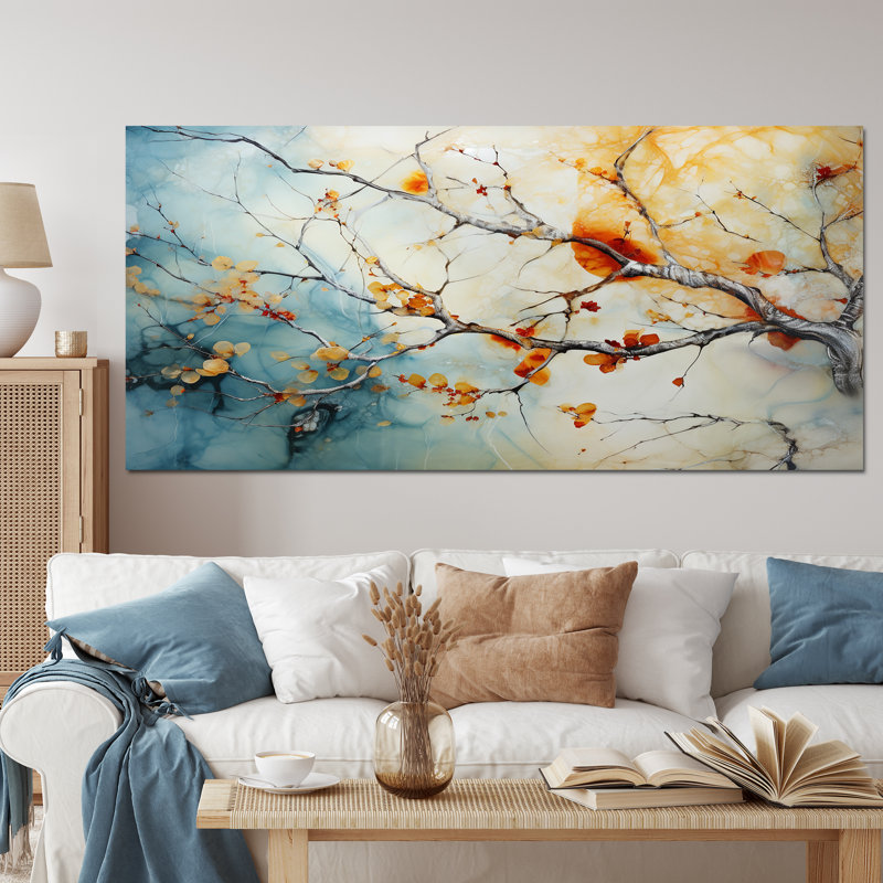 Orange, bleu sarcelle, érable brillant, agate I - arbre érable, art mural, H 34 po x l 44 po x P 1,5 po
