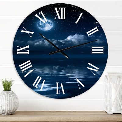 Full Moon In Cloudy Night Sky I - Nautical & Coastal Wall Clock