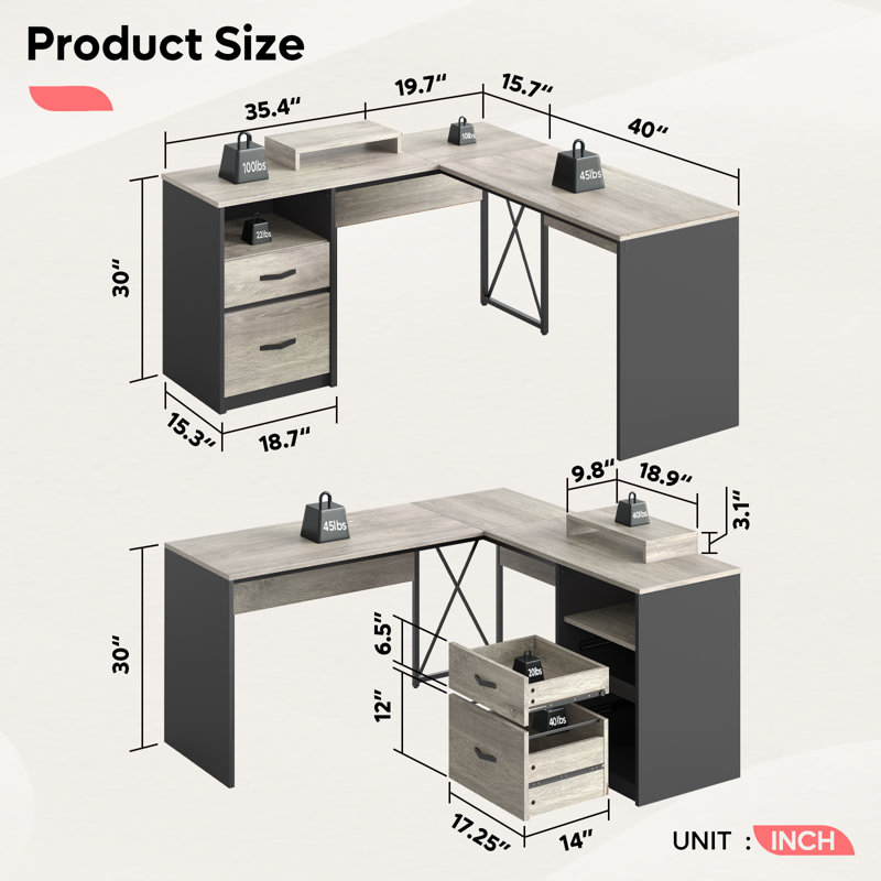 Cherell 55.7'' W L-Shaped Computer Desk with Monitor Stand, Executive Desk with File Storage Drawers, Gray