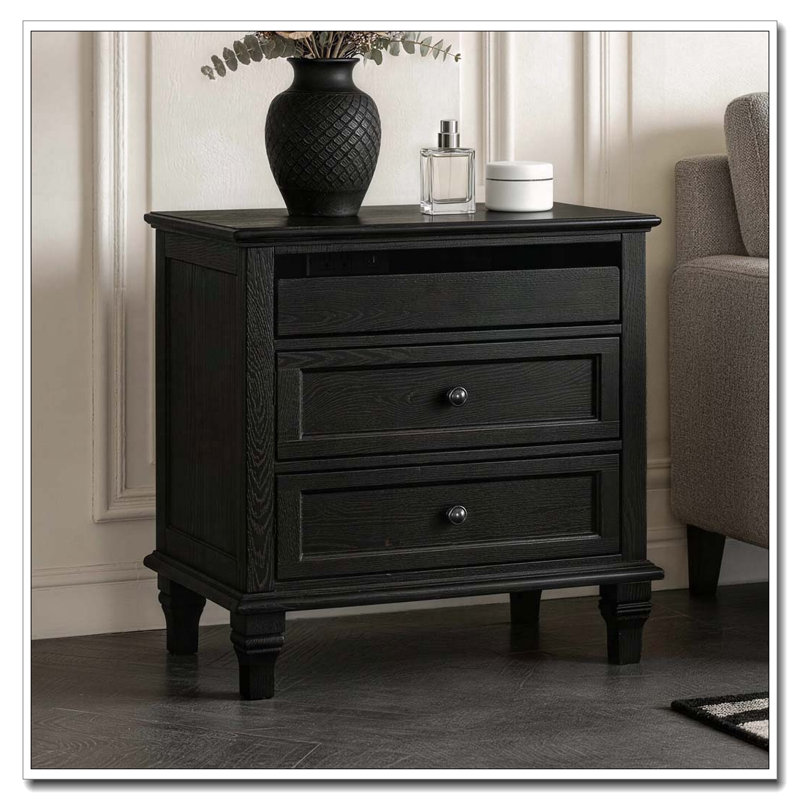 Table de chevet en bois avec station de recharge et 3 tiroirs, Black