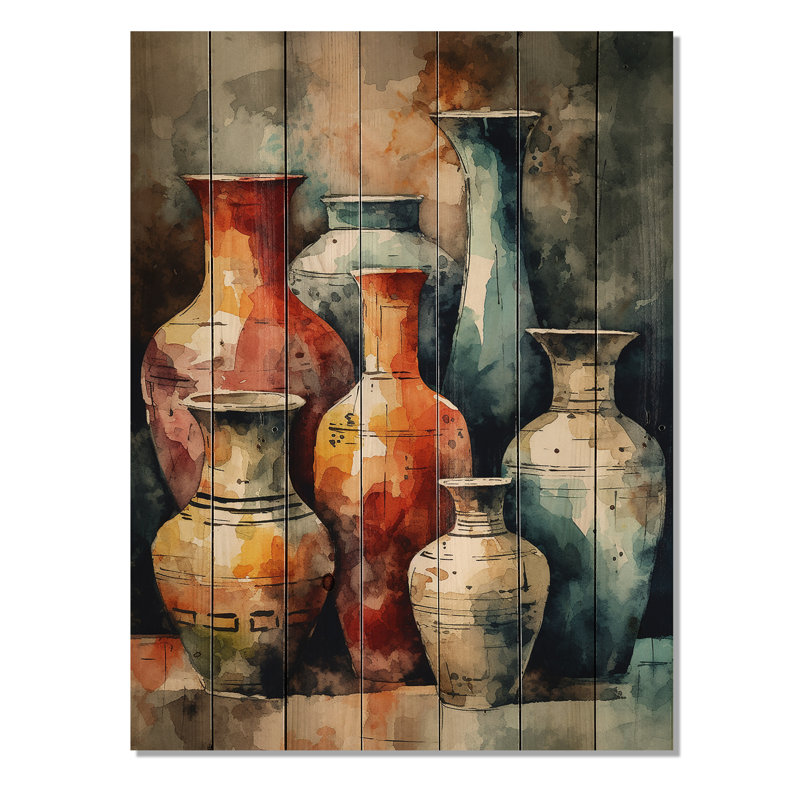 Poterie bohème orange et verte sur bois, H 20 po x l 10 po x P 0,78 po