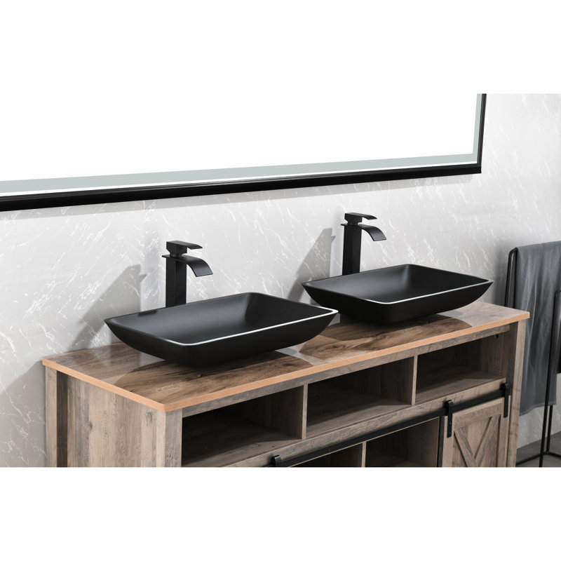 Lavabo de salle de bain en verre noir mat 22 po. Robinet et bonde escamotable. Conception classique. Surface facile à nettoyer. Solution tout compris L Élégante protection contre la rouille. Ensemble