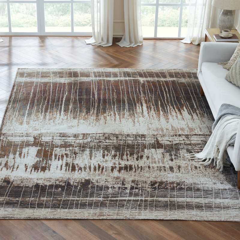 Strato Abstract Earthbound Mist Area Rug, Rectangle 7'6" x 9'6", Dark Brown/Gray/Cream