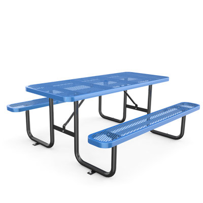 Blue 72" Expanded Metal Picnic Table - Heavy Duty Steel Structure, Umbrella Hole, Weather- Finish, Bench Supports 880Lbs, 1100Lbs, Versatile For Outdoor Spaces Like Patio, , Garden, Easy Assembly In