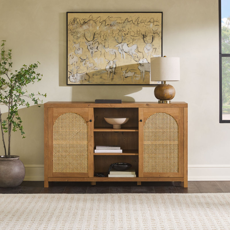 58" 2-Door Sideboard with Arched Rattan Panels, English Oak
