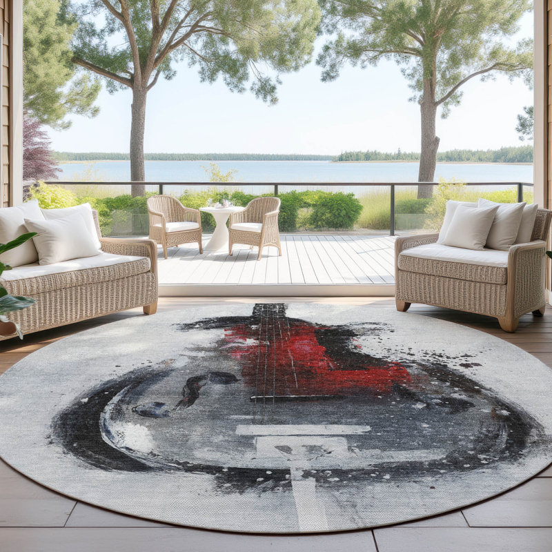 Tapis intérieur / extérieur gris lavable à la machine Xhevrie, Rond 8 pi