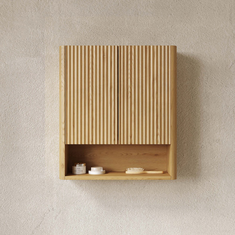 26 Inch Wall-Mounted Striped Bathroom Cabinet with Soft-Close Doors - Oak, Golden Oak
