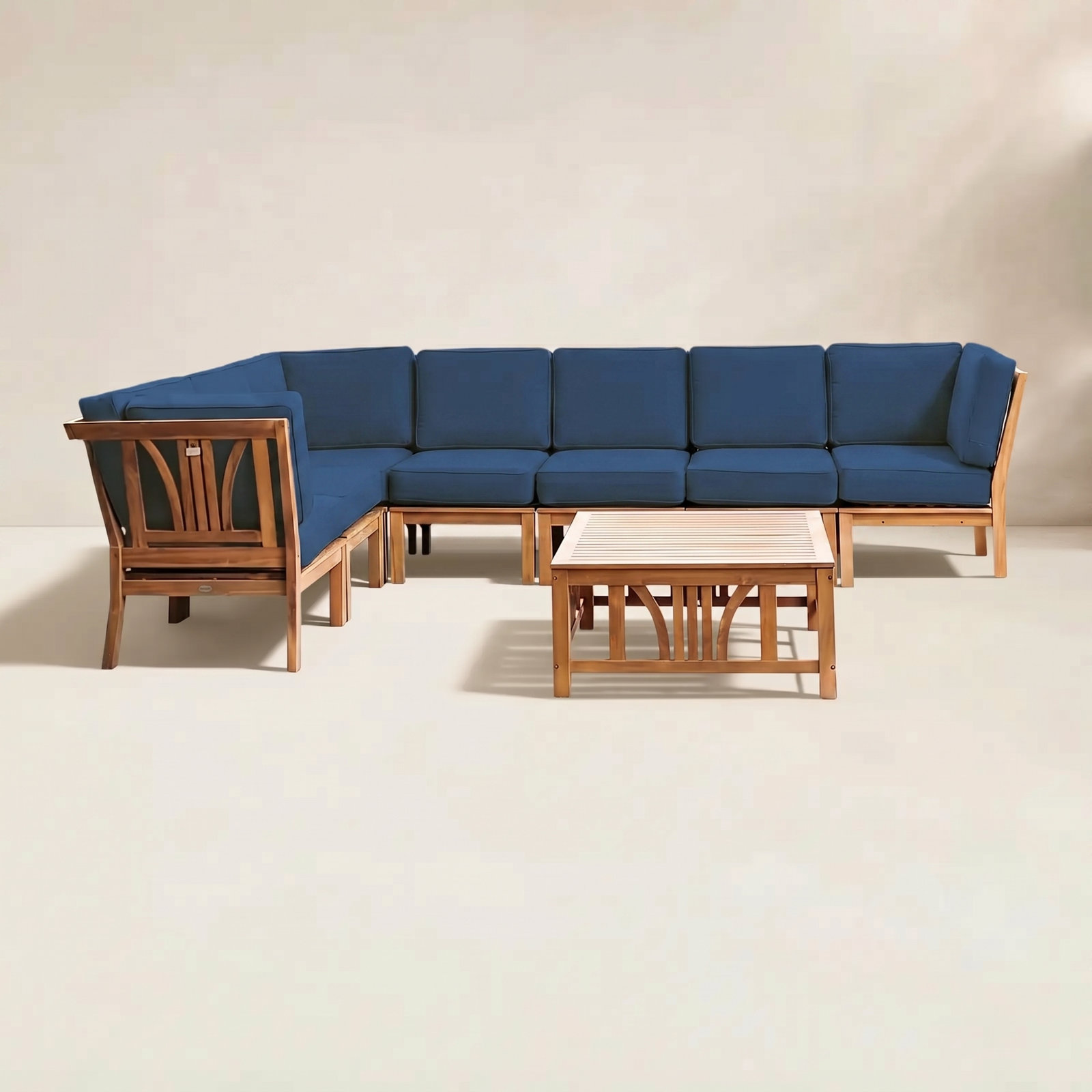 Brunswick 7-Person Teak Modular Outdoor Conversation Sets with Cushions, Navy Performance Olefin