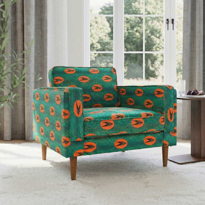 Chaise d'appoint en velours avec motif ouest africain et pieds en bois massif