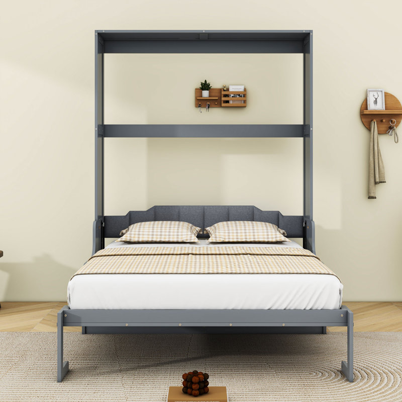 Grand lit escamotable en bois avec chaise et lattes, gris