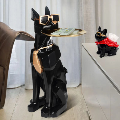 Dog Sculpture Resin Side Table with Tray Top and Tissue Box Storage, Movable Tray, Waterproof, Serves as Housekeeper, Modern Novelty Shape, No Assembly Needed