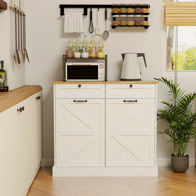 Armoire de rangement pour poubelle de cuisine avec 2 tiroirs, 1 armoire à ordures basculante, 1 porte avec support de rangement et 2 tablettes pour la cuisine, la salle à manger et le salon