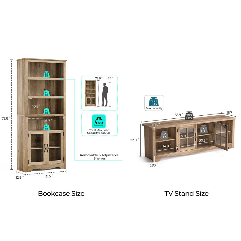 Callison Farmhouse Entertainment Center With Bookcases For 75'' TV, Modular Living Room TV Stand Set, Brown Wood