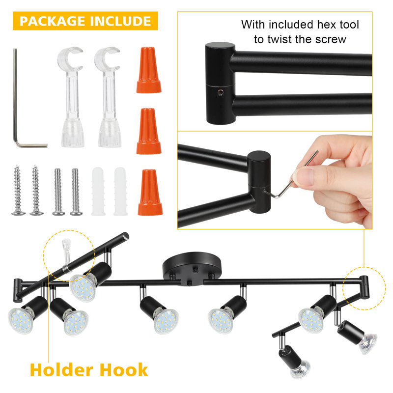 LED 8 Light Track Lighting Kit, Black 8 Way Ceiling Spot Lighting, Flexibly Rotatable Head, Track Light Included 8 X LED GU10 Bulb (4W, Daylight White 5000K, 400LM)