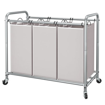 Chariot à linge 35,6 gallons avec roulettes et sacs amovibles, trieur de linge à 3 sections, gris
