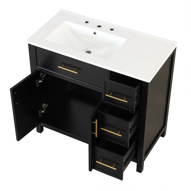 Meuble-lavabo élégant et fonctionnel avec lavabo en céramique solide, deux portes et trois tiroirs pour un rangement généreux