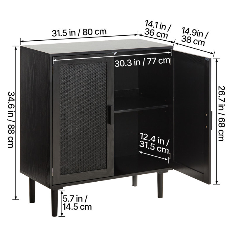Rattan Cabinet, Rattan Storage Cabinet with 2 Magnetic Doors and Adjustable Shelves, Accent Sideboard Buffet with Wooden Legs & Power Cord Hole for Hallway, Entryway, Living Room, Kitchen, Black