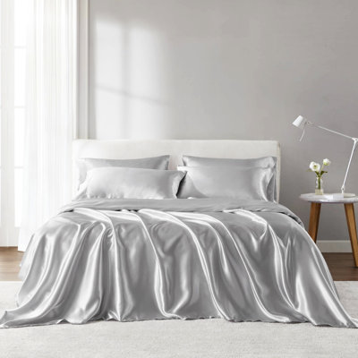 Grey 4 Pcs Twin 100% Satin Luxury Sheet - Wrinkle , Smooth And Silky, Tames Frizz, Fitted For 16" Mattresses, Open Ended Pillowcases, Helps With Hair Breakage,