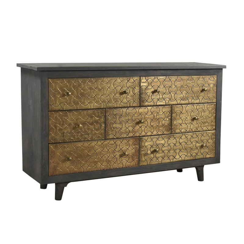 Lolana Reclaimed Mango Wood 7-Drawer Dresser – Greywash Hand-Carved Fronts with Gold Accents 