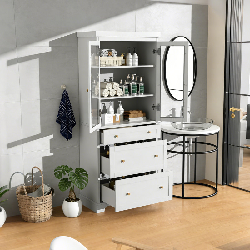 70.1" Modern Freestanding Tall Bathroom Cabinet With Glass Doors, 3 Drawers & Adjustable Shelves, White