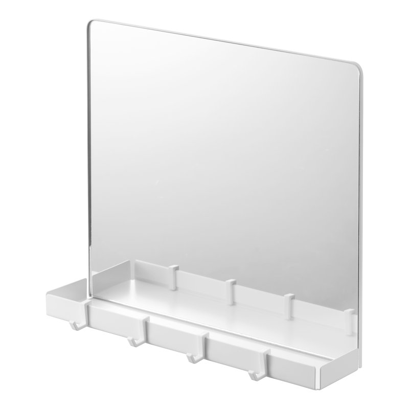 White Glass Magnetic Mirror with Storage Rack and Hooks