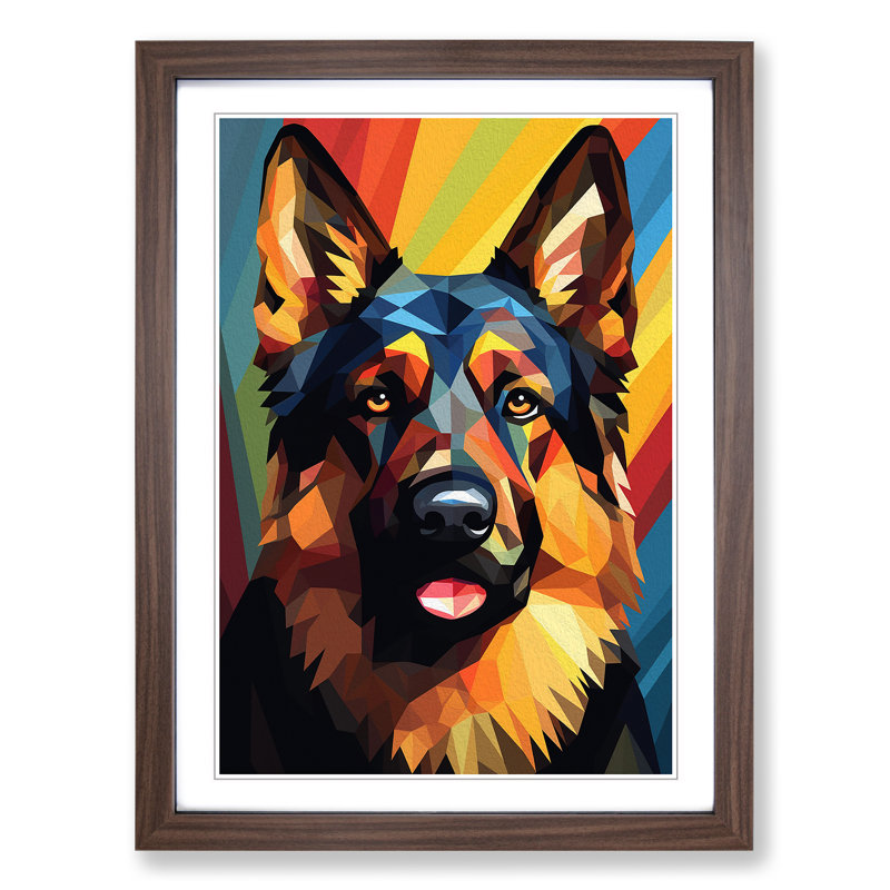 German Shepherd Geometric No.3 - Single Picture Frame Print on Wood, Walnut Framed, 64cm H x 46cm W