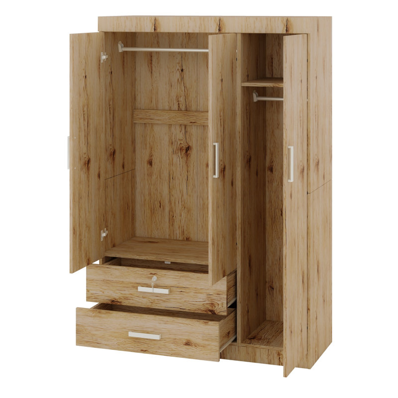 Garde-robe de chambre à coucher à trois portes avec tiroirs et 2 tringles, Chêne