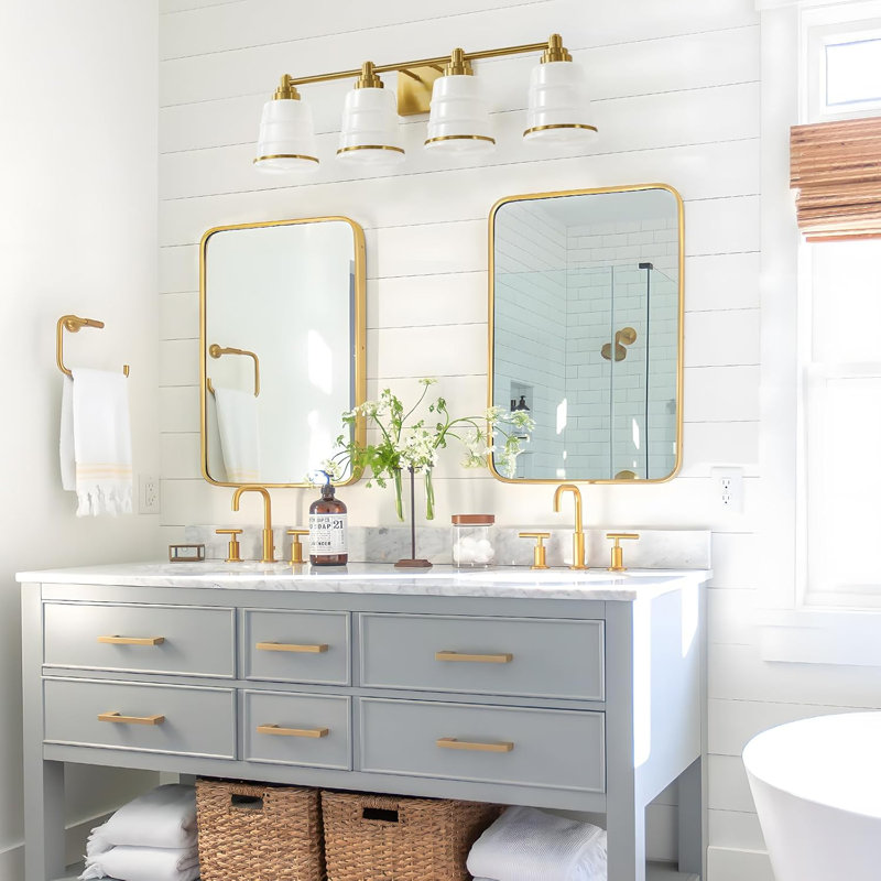 Gold Bathroom Vanity Light Fixture With Milky White Glass Shade, 4-Light Wall Sconce For Modern Bathroom Mirror Lighting, E26 Base Compatible