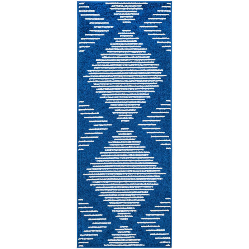 Tapis géométrique bleu marine en polypropylène tissé à la machine, Tapis de couloir 2 pi x 5 pi