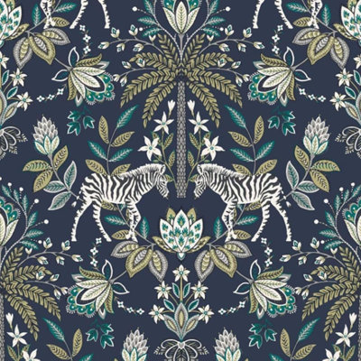Ali Holden Etosha Navy Blue Floral Zebra Palm Trees Strippable 10m x 53cm Metallic Finish Wallpaper Roll