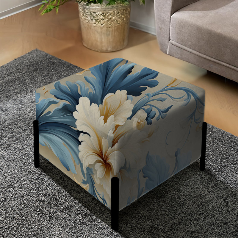Blanc et bleu damassé en fleurs - Repose-pieds carré damassé
