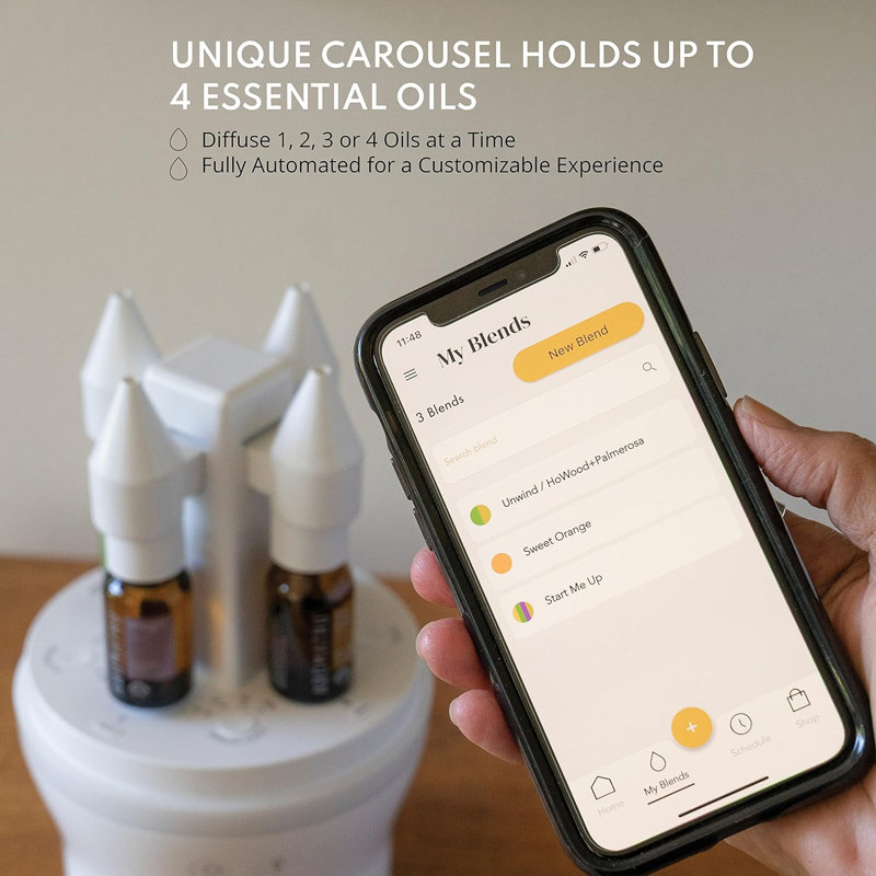 Smart Aromatherapy Waterless Oil Diffuser with WiFi Capability and App – Combine and Diffuse up to 4 Bottles of Essential Oils Simultaneously – No Water, No Mess (Rich Walnut)