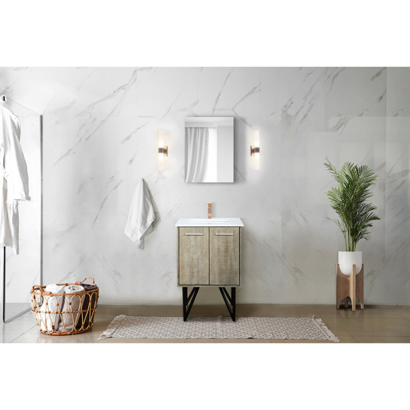 Meuble-lavabo rustique de 61 cm (L) x 51 cm (P) avec marbre et robinet en or rose - Miroir de 46 cm, comptoir en marbre reconstitué, inclus