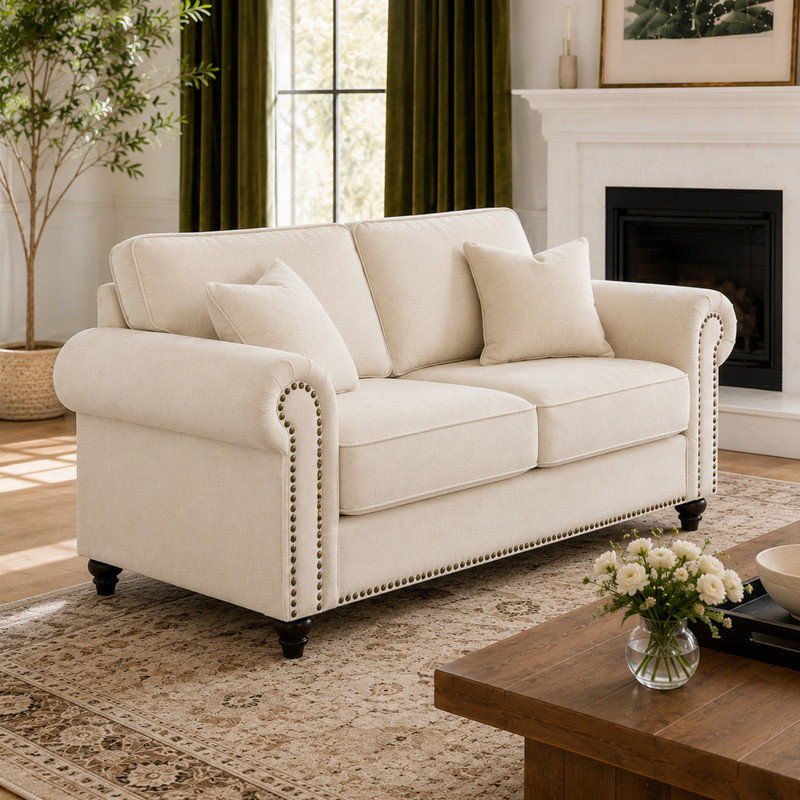Canapé moderne en chenille avec coussins de soutien et confort de salon compact, Beige