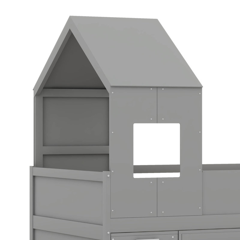 Lit mezzanine simple en bois avec bureau et rangement, 4 armoires, tablettes et tiroirs, Gris