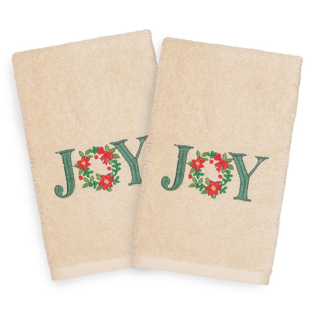 Christmas Joy Embroidered Luxury Turkish Cotton Hand Towel (Set of 2) Linum Home Textiles 