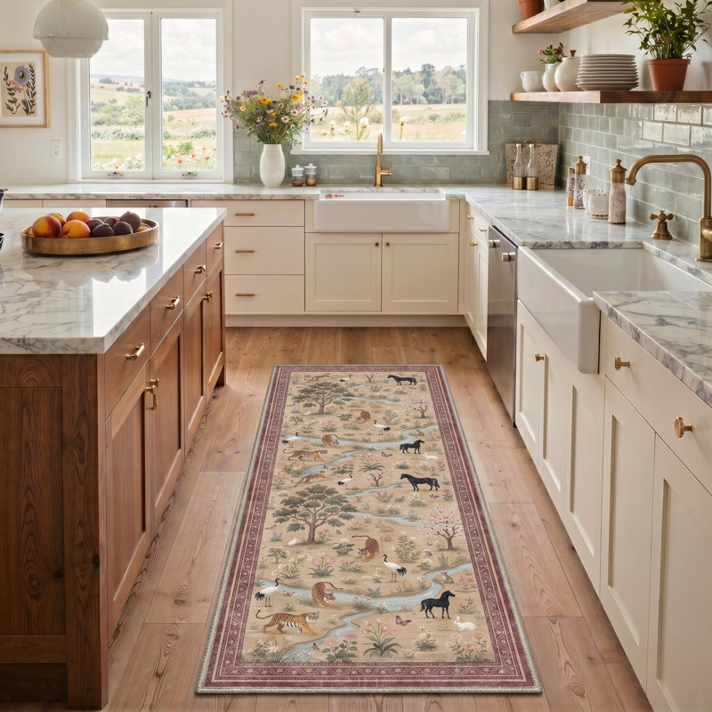 Alcoa Wild Paws Animal Print Machine Washable Beige Indoor Area Rug with Non-Slip Backing, Runner 2' x 7'