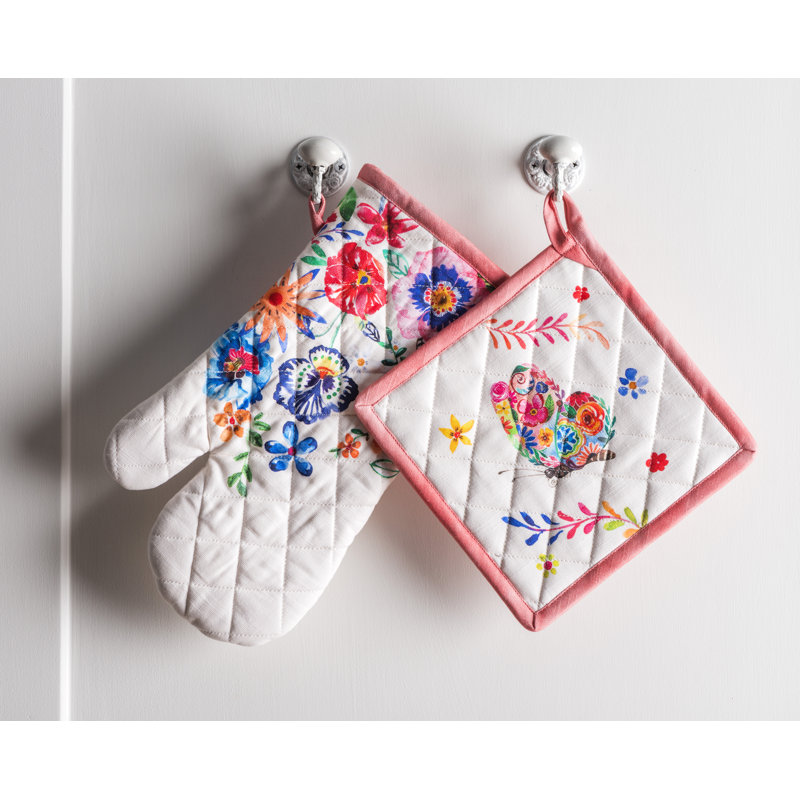 Maison d'Hermine Happy Florals - High Summer 100% Cotton Oven Mitt + Pot Holder - 7.5" x 13" & 8" x 8"