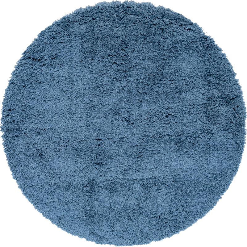 Tapis à poils longs en polyester de couleur unie bleu tissé à la machine Almodovar, Rond 6 pi 7 po