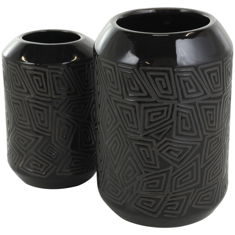 Ensemble de vases décoratifs en céramique avec gravures géométriques Avanya