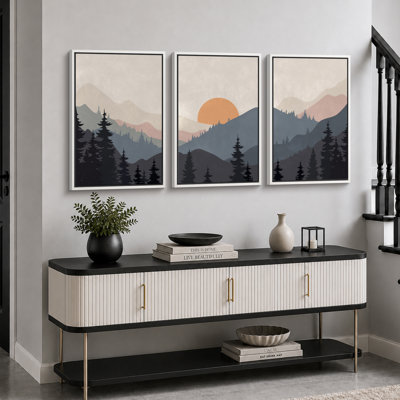 Sun Mountain Landscape "Tranquil Orange Sunset Layered Hills Artwork, Modern Abstract Cabin Wall Pictures, Framed Canvas Giclée Print 3 Pieces Wall Art" 16"x24"x3 pcs, 24"x36"x3 pcs