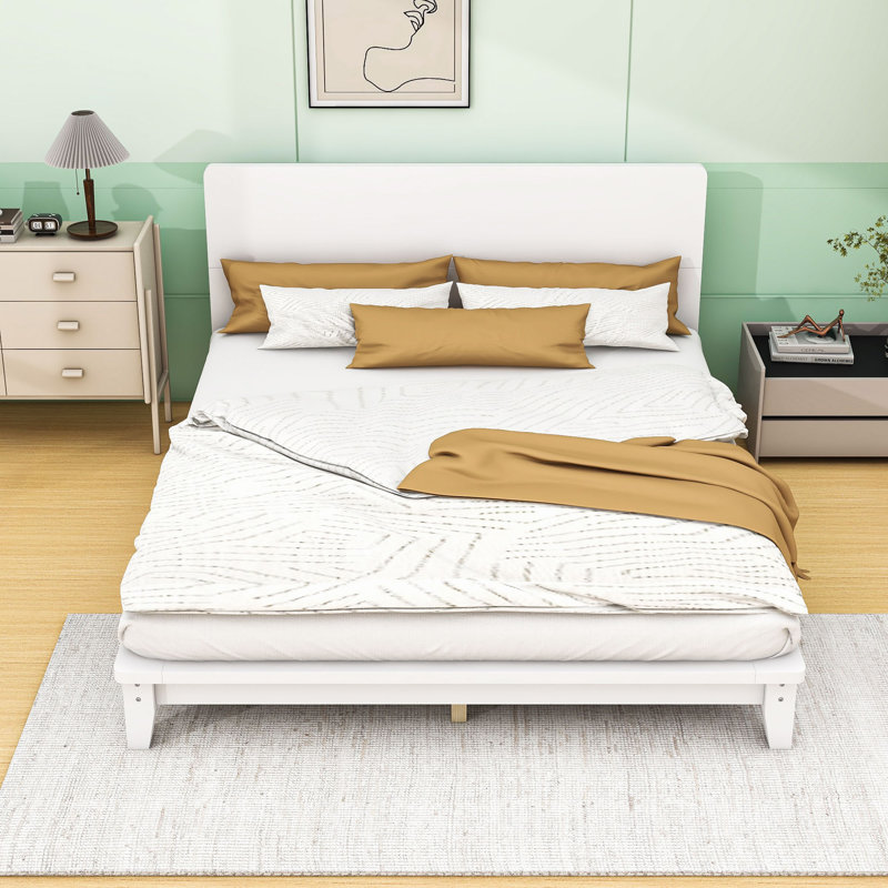 Platform Bed Frame with Headboard, White, Queen