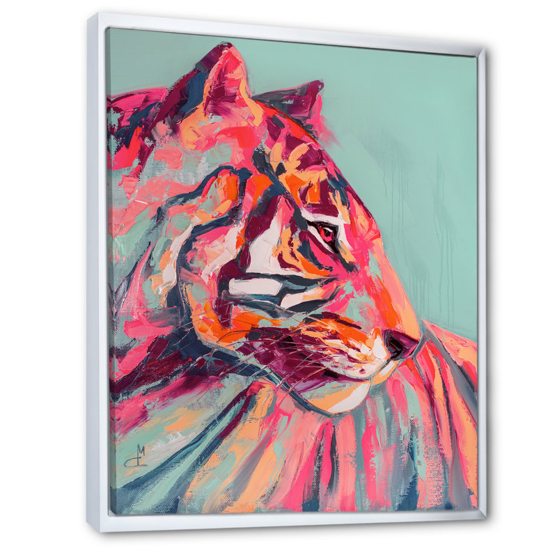 Œil de tigre rose, coup de peinture - peinture, H 20 po x l 12 po, Reproduction avec cadre flottant, Blanc