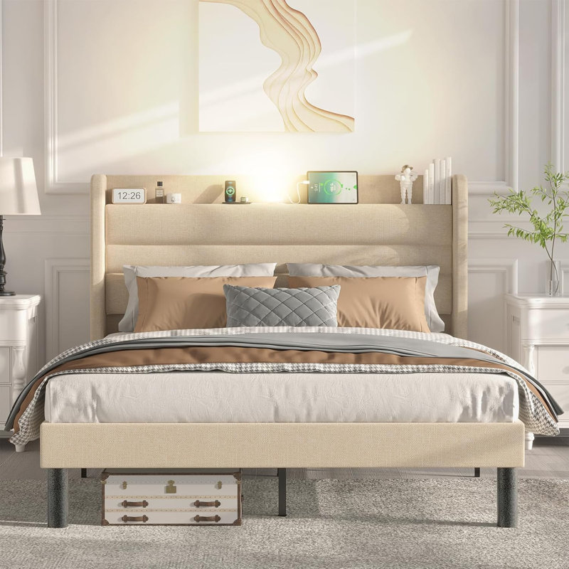 Latitude Run® Bed Frame with Charging Station, Type-C & USB Ports and LED Light, King, Beige