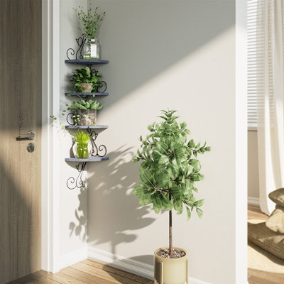 Tablettes d'angle murales à 4 niveaux avec tablettes de rangement flottantes en bois en forme de chat gris vieilli