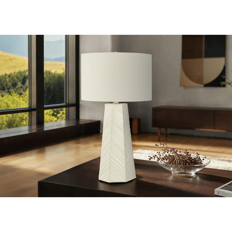 Glam Table Lamp with White Ceramic Base and Ivory Linen Shade
