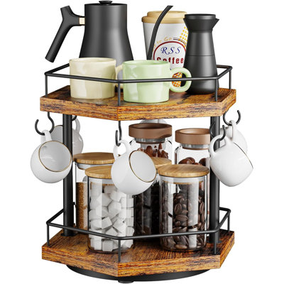 2 Tier Coffee Bar Organizer Countertop Station Shelf For Home Office, Multi-Functional Coffee Mug Cup Holder Stand, Accessory Storage Rack With 6 Hooks, 360° Rotated Coffee Cup Holder For Counter