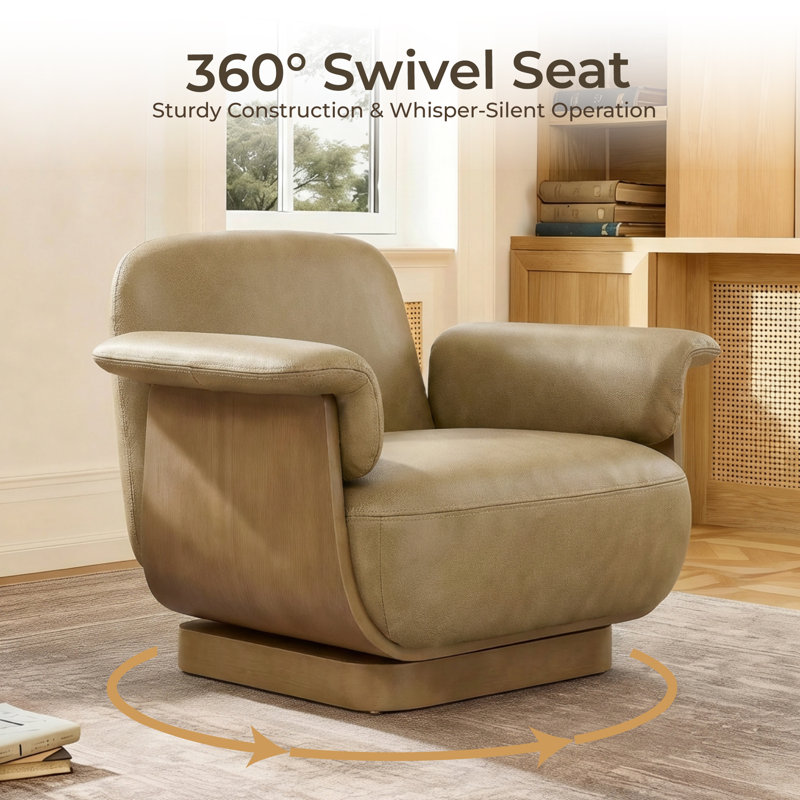 Modern Swivel Accent Chair with Ottoman-Genuine Leather, Mocha Genuine Leather / Natural Ash