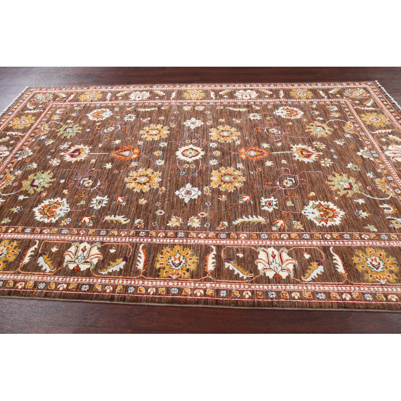 Tapis brun en laine noué à la main de conception unique 6 pi 6 po x 9 pi 9 po New Age